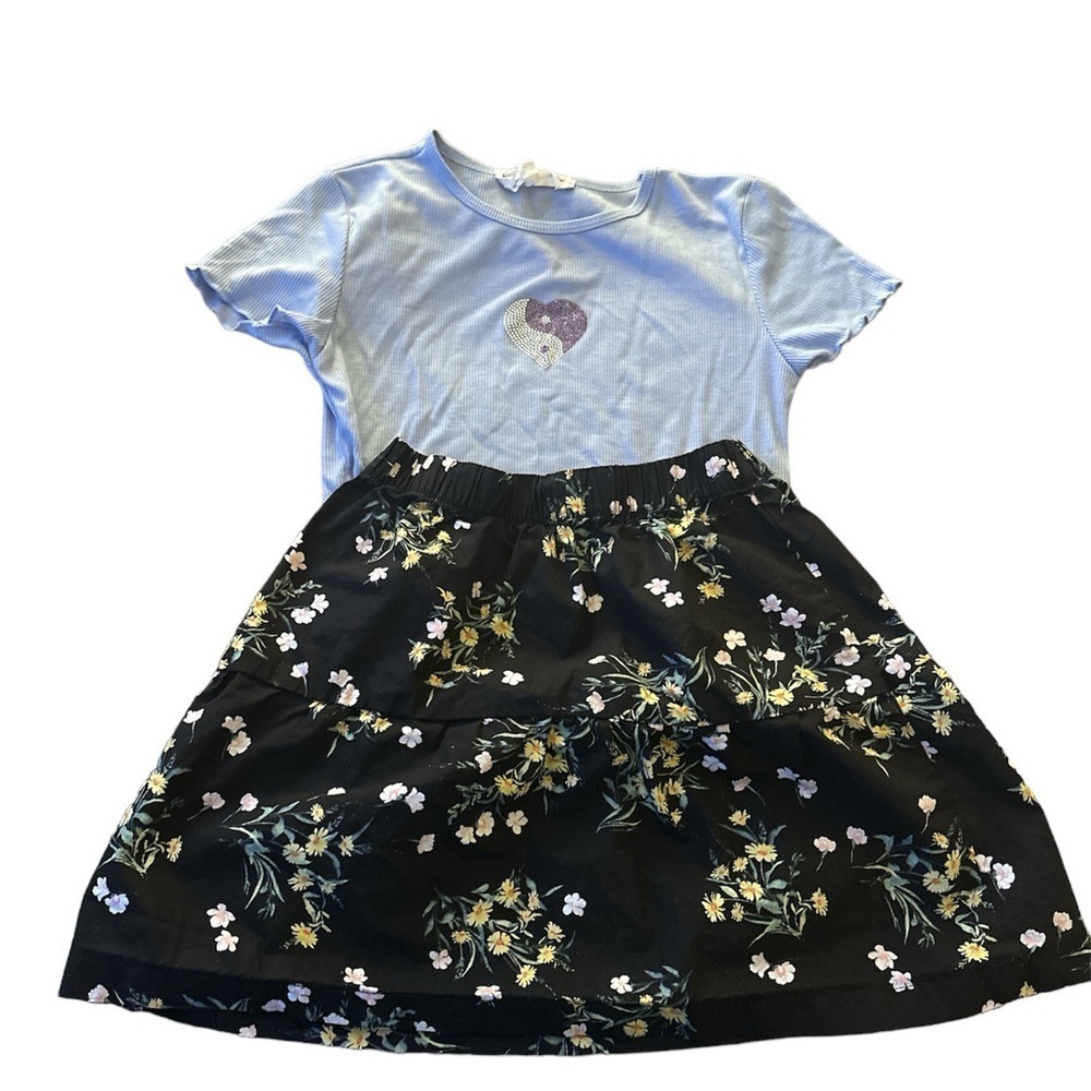 Blue Ribbed Top Floral Tiered Skirt Set Sparkle Heart Yin Yang Outfit‎ Small